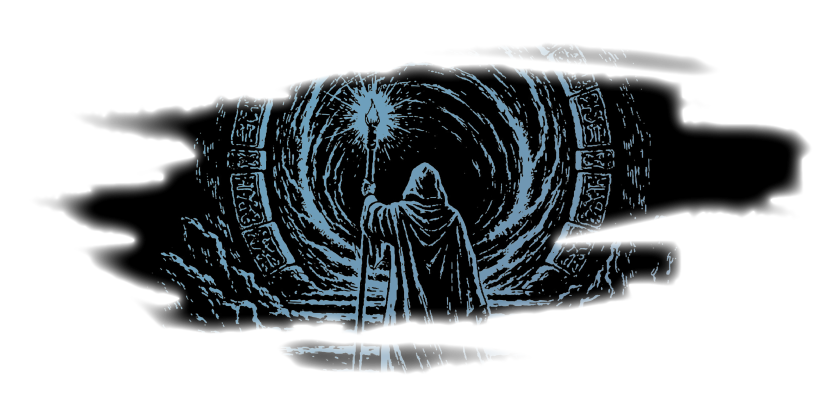 A blue magical gate with a robed figure